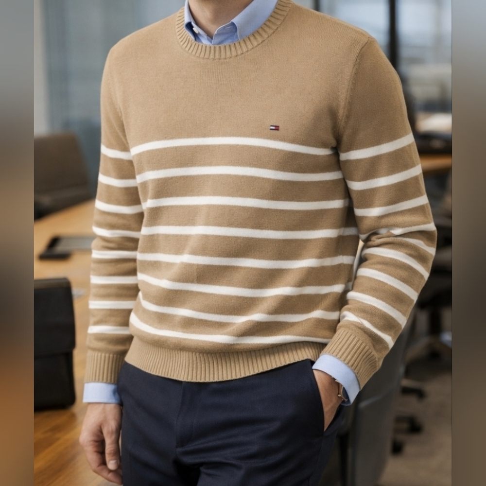 Tommy Hilfiger Long Sleeve Beige Striped Crewneck Sweatshirt Preppy Ivy, Large